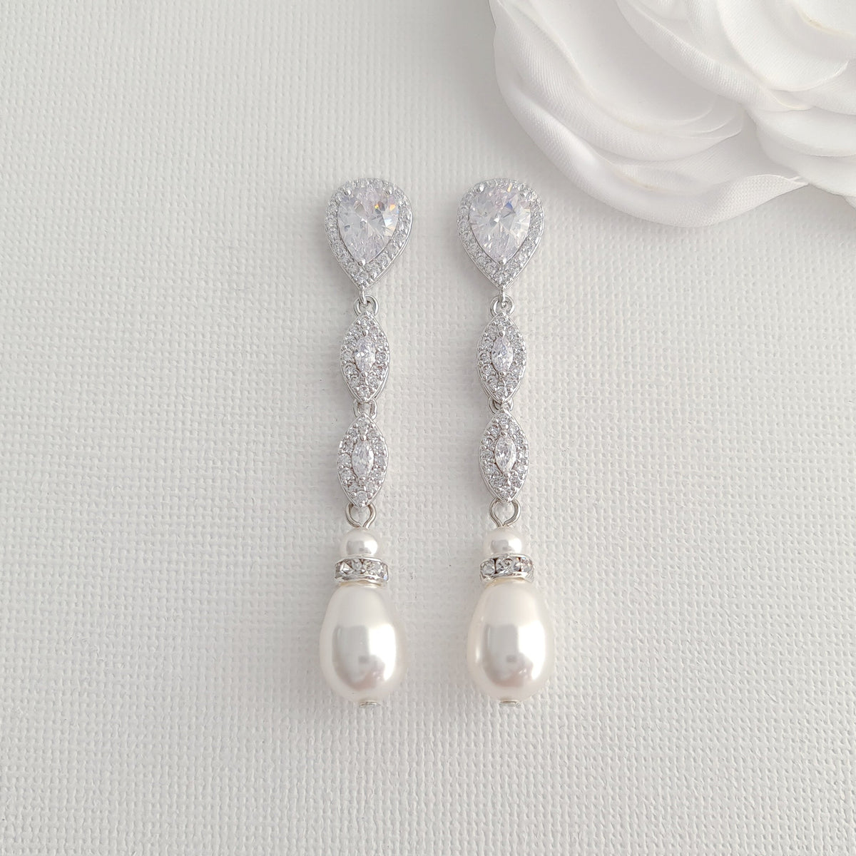Marquise  CZ Crystal and Teardrop Pearl Earrings - Abby