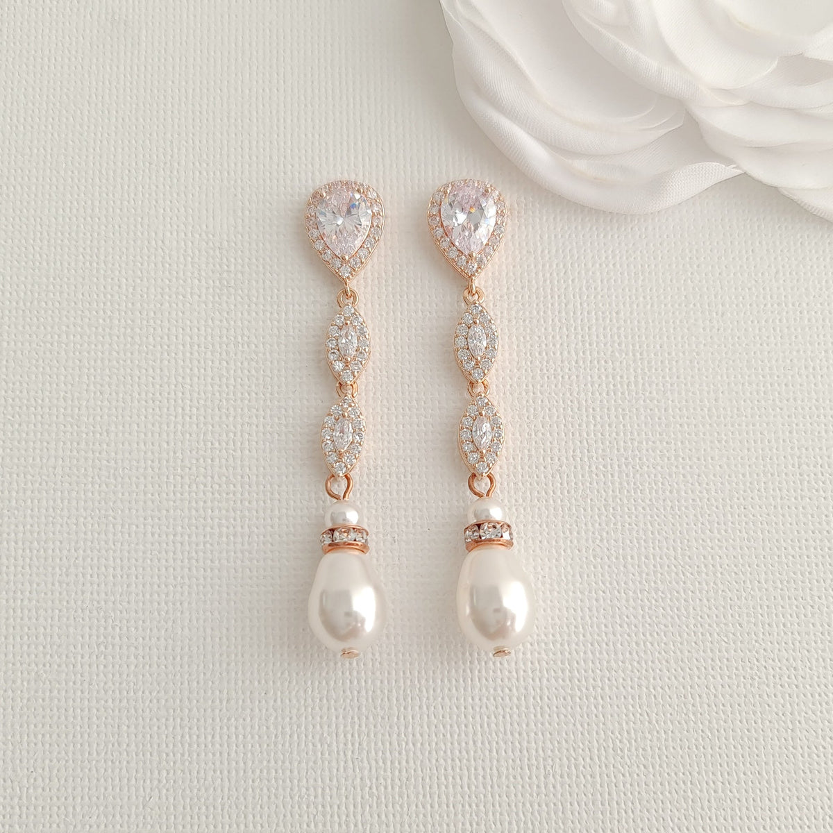 Marquise  CZ Crystal and Teardrop Pearl Earrings - Abby