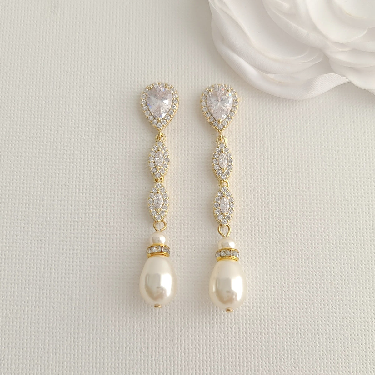 Marquise  CZ Crystal and Teardrop Pearl Earrings - Abby