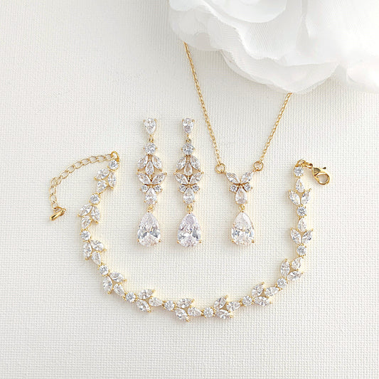 Yellow Gold Earrings Necklace Bracelet Set for Brides-Anne