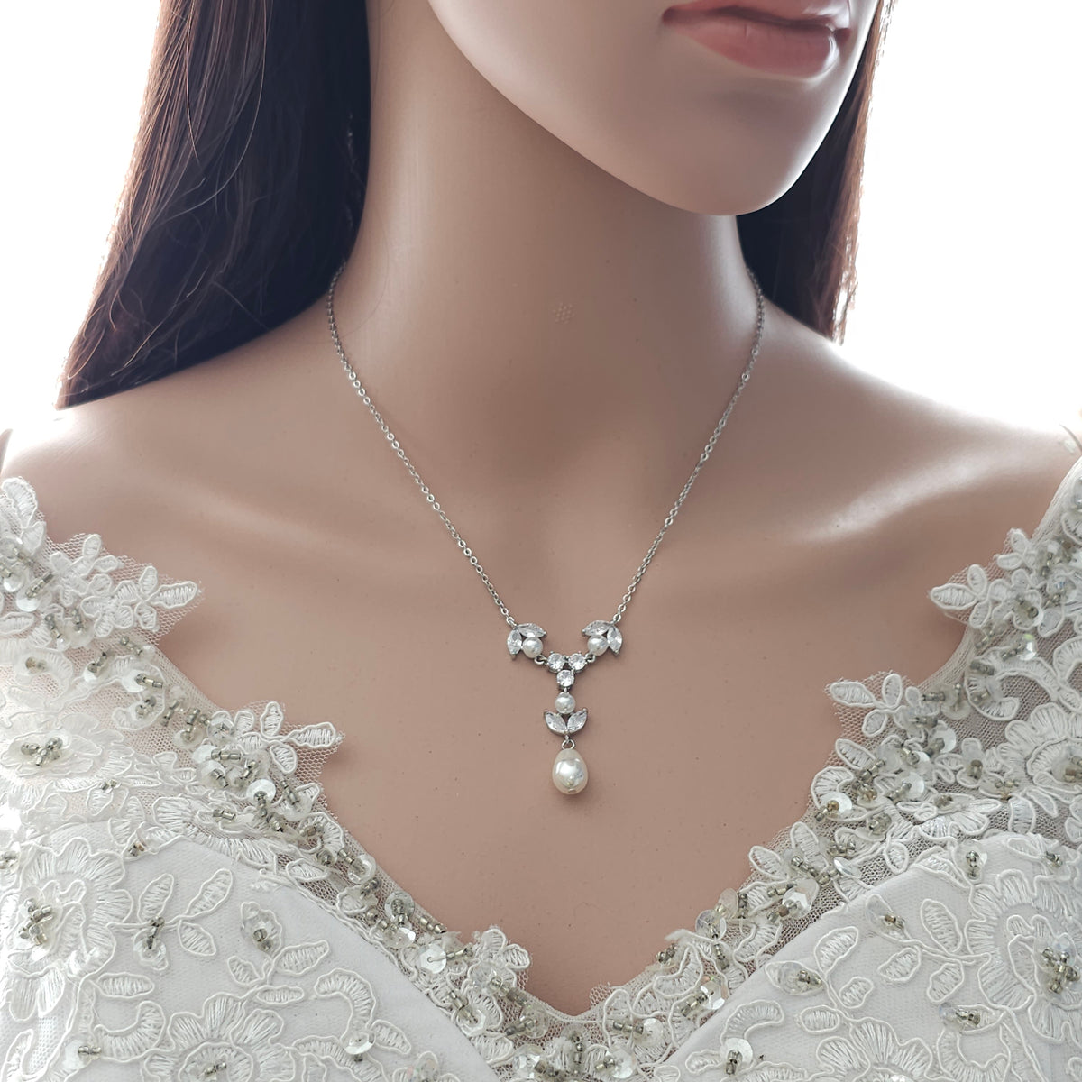 Rose Gold Crystal and Pearl Bridal Y-Drop Necklace - Leila