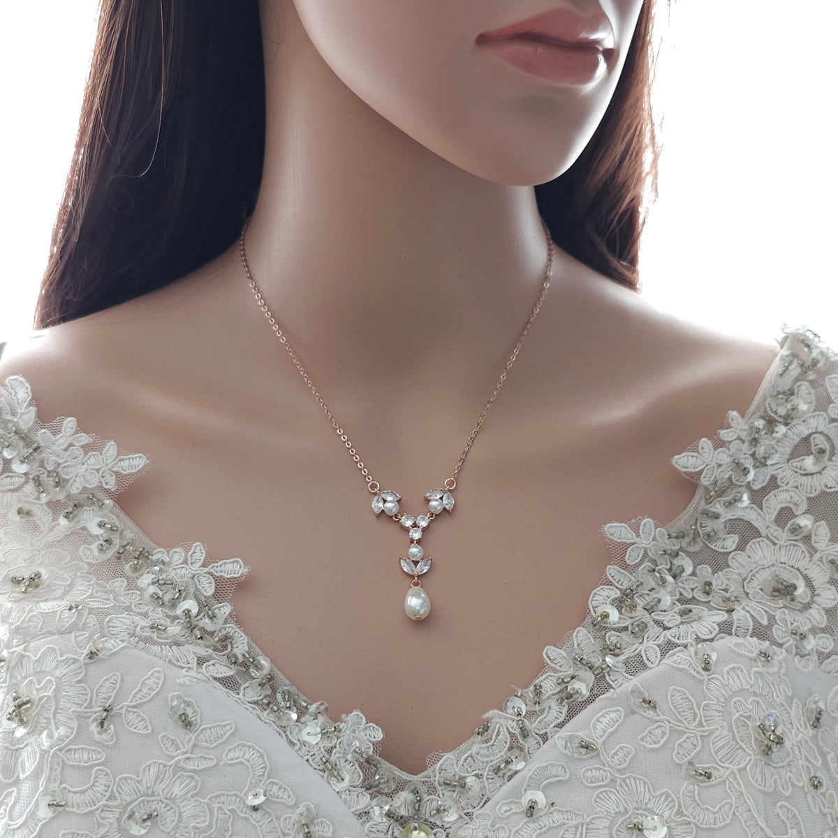 Rose Gold Crystal and Pearl Bridal Y-Drop Necklace - Leila