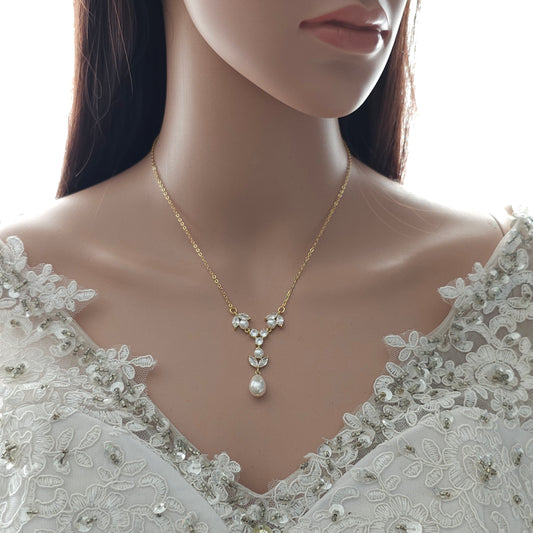 Gold Crystal & Pearl Y-Drop Bridal Necklace - Leila