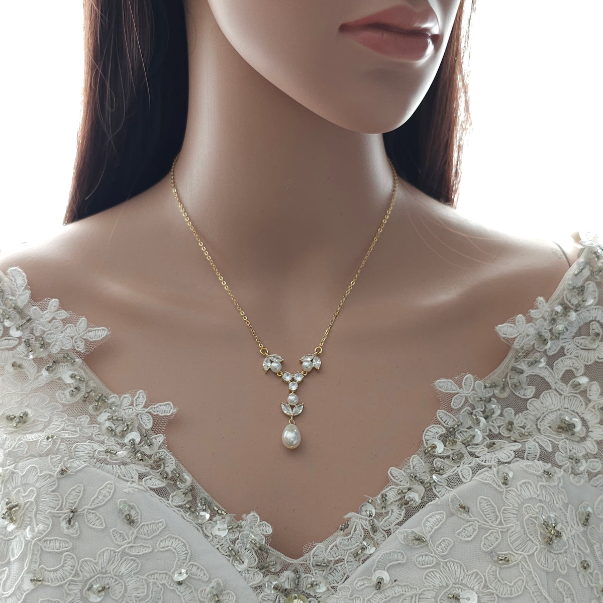 Rose Gold Crystal and Pearl Bridal Y-Drop Necklace - Leila