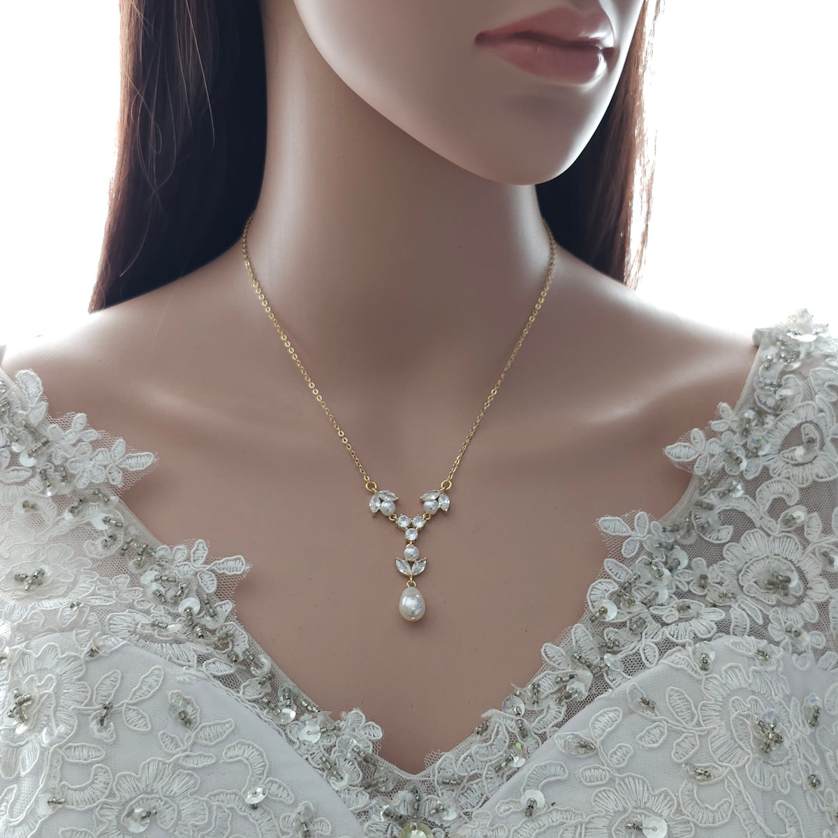 Crystal & Pearl Bridal Necklace in Silver - Leila