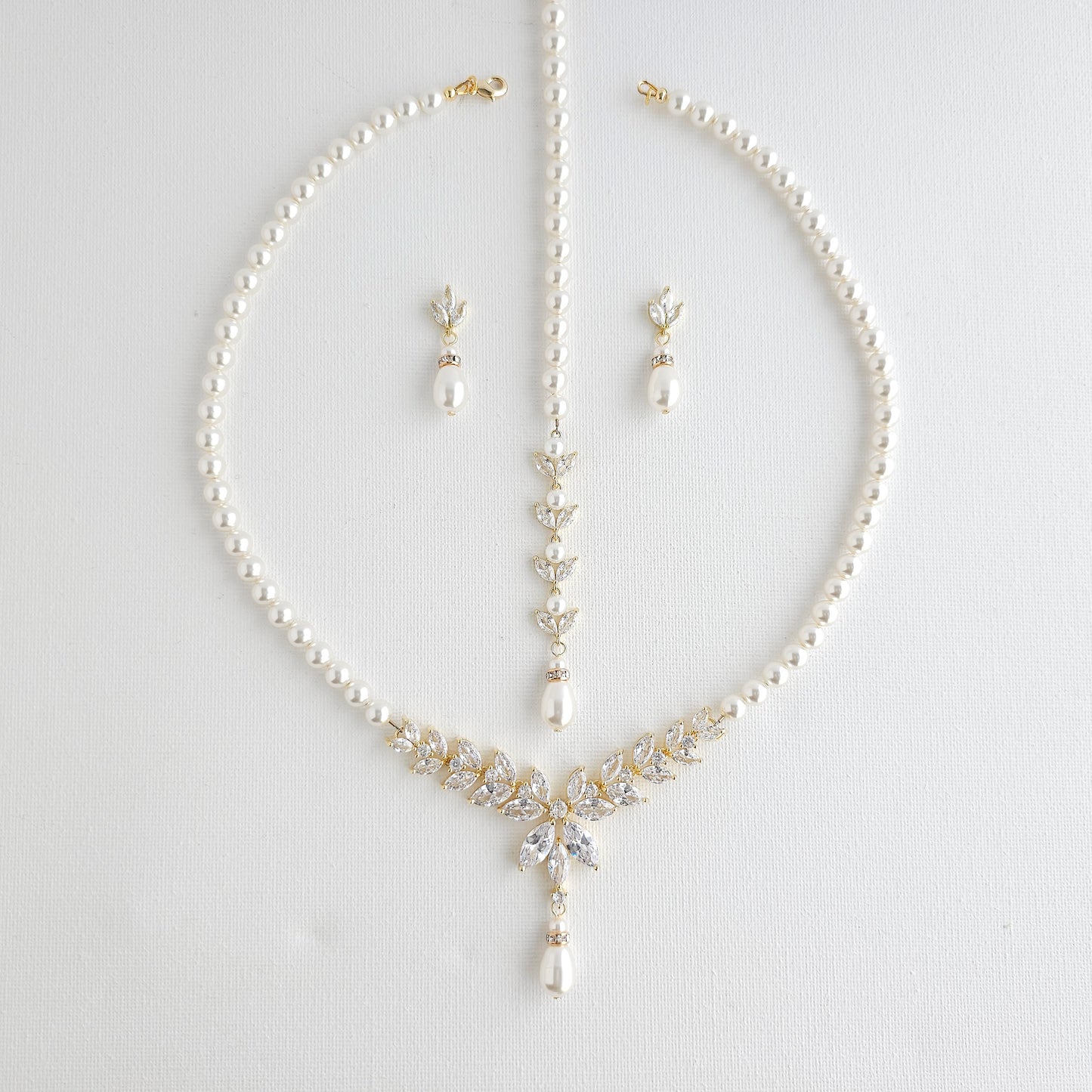 Pearl Bridal Jewelry Set in Ivory White Pearl Color with Necklace, Backdrop & Earrings-Katie