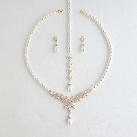 Pearl Bridal Jewelry Set in Ivory White Pearl Color with Necklace, Backdrop & Earrings-Katie