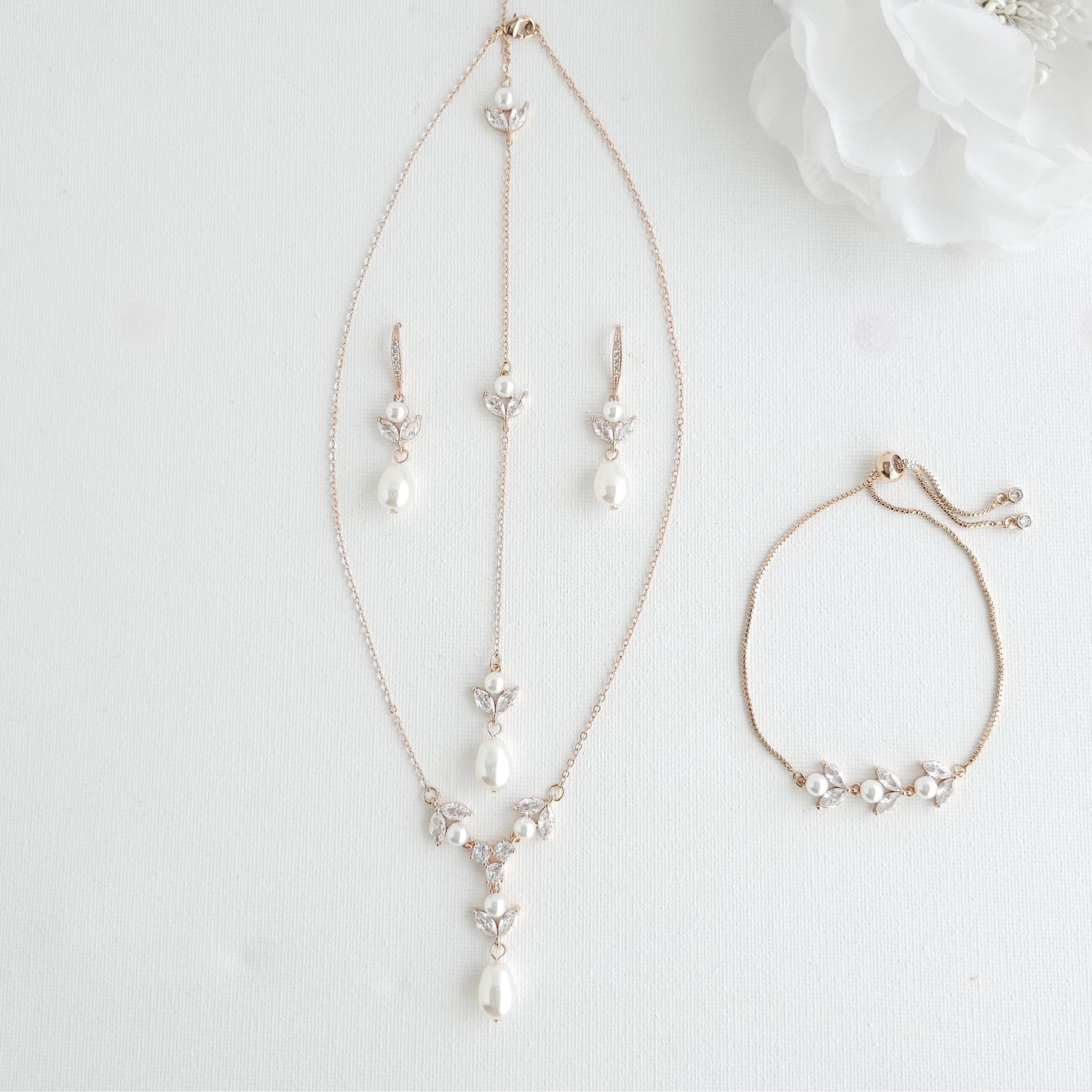 Simple Bridal Jewellery Set-3 Pcs- Silver & Pearl- Leila