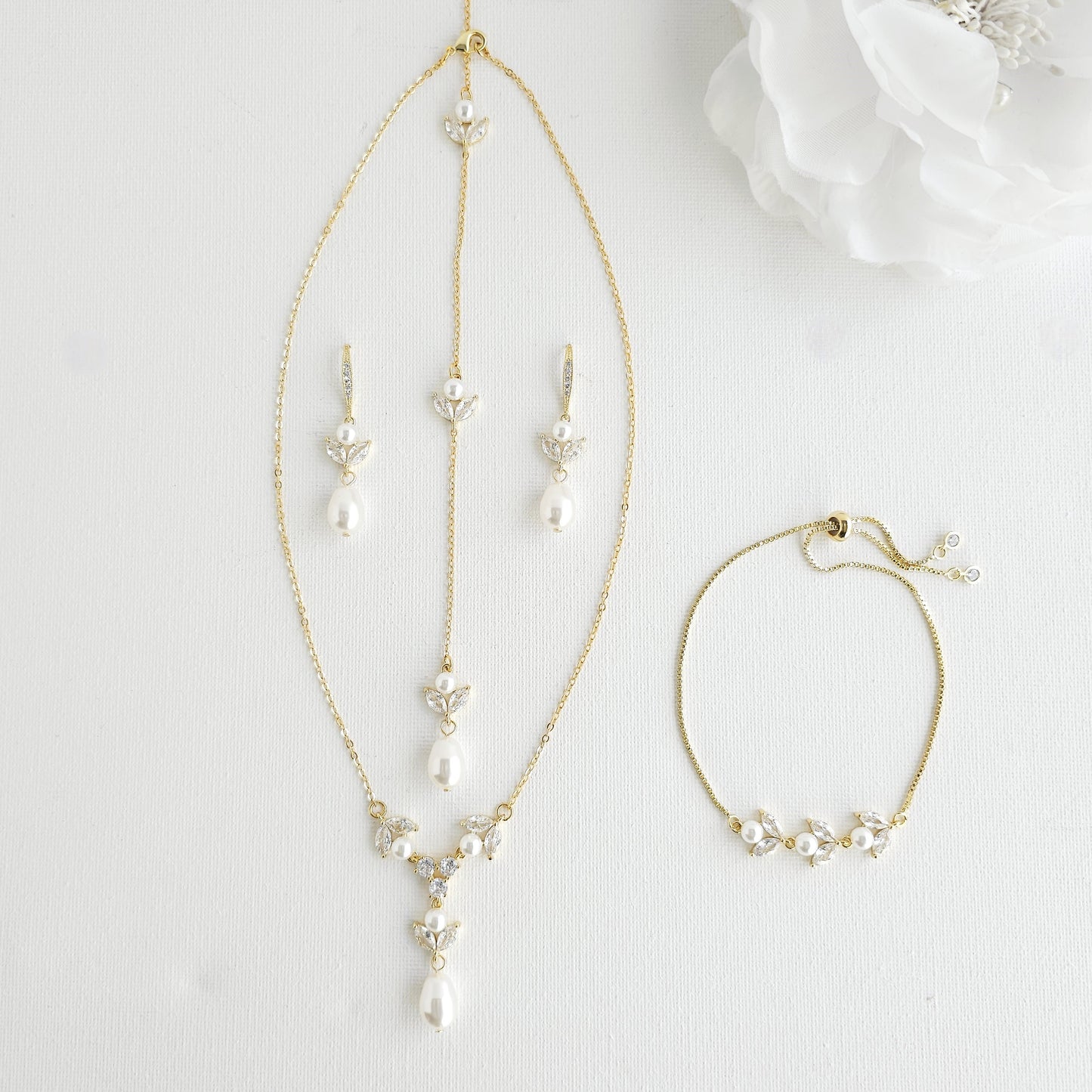 Simple Bridal Jewellery Set-3 Pcs- Silver & Pearl- Leila