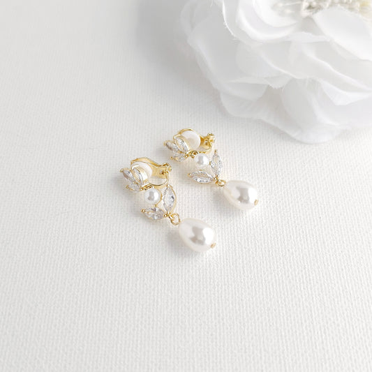 Gold Pearl Clip On Earrings for Weddings and Occasions - Leila