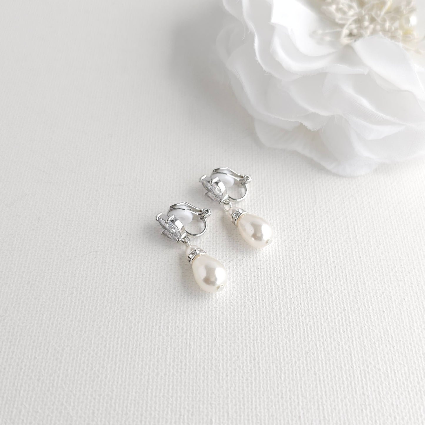 Gold Clip On Pearl Drop Earrings for Brides and Bridesmaids - Katie