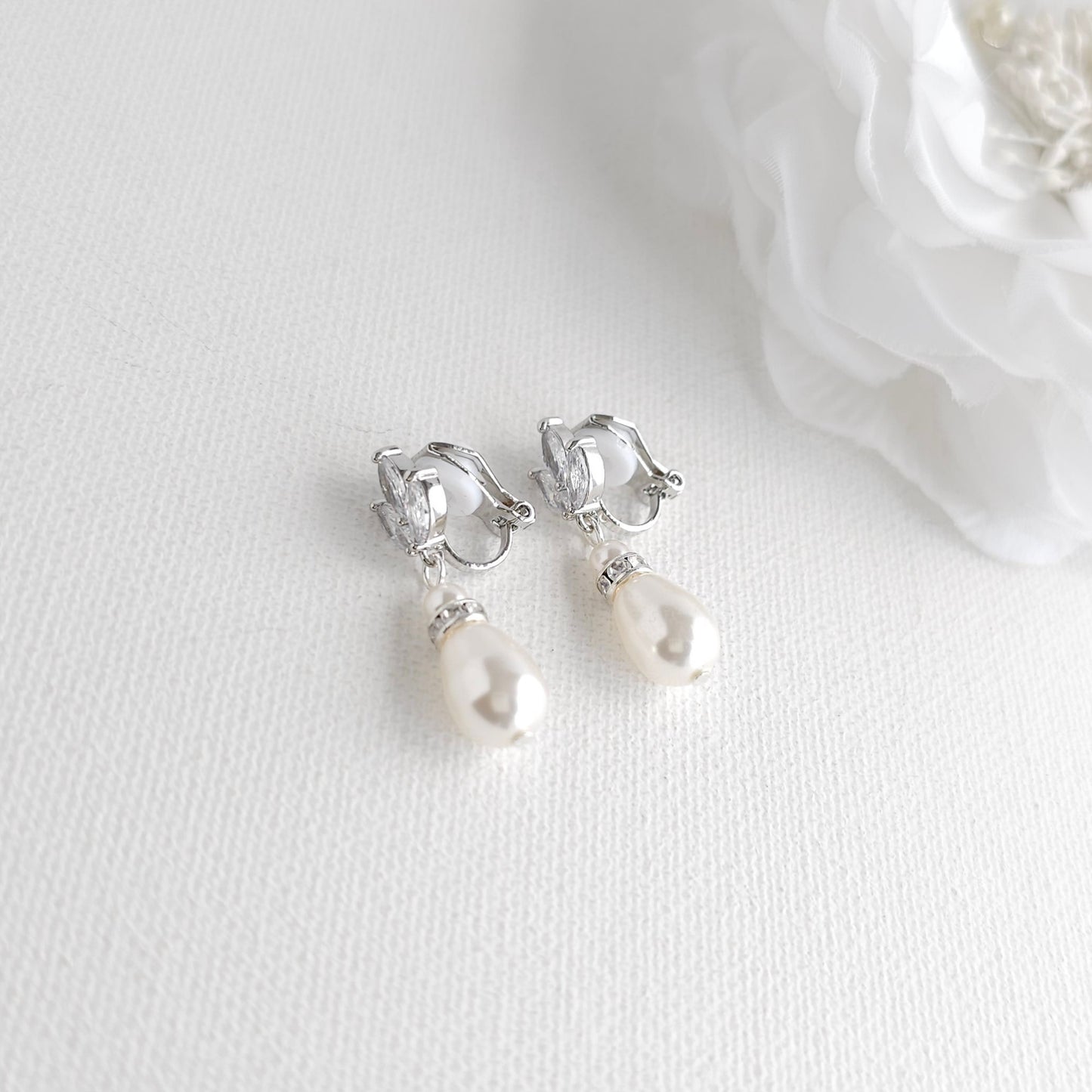 Gold Clip On Pearl Drop Earrings for Brides and Bridesmaids - Katie