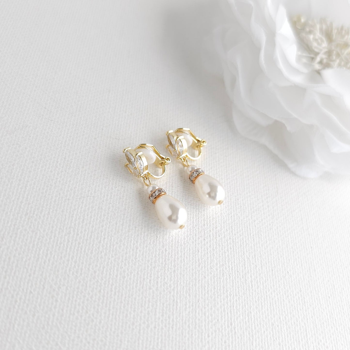 Gold Clip On Pearl Drop Earrings for Brides and Bridesmaids - Katie