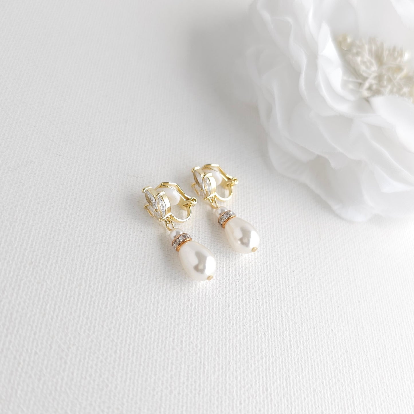 Gold Clip On Pearl Drop Earrings for Brides and Bridesmaids - Katie