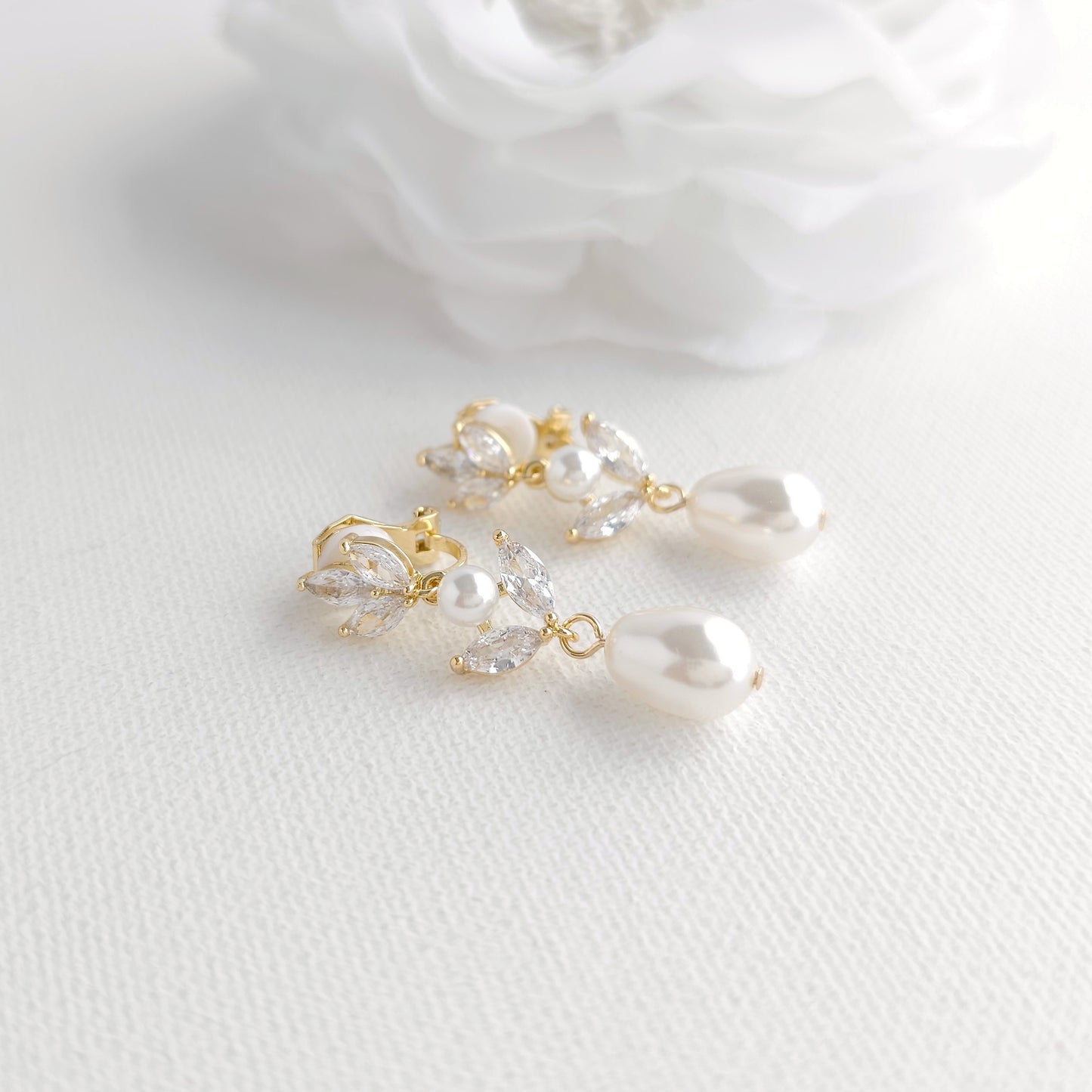 Gold Pearl Clip On Earrings for Weddings and Occasions - Leila