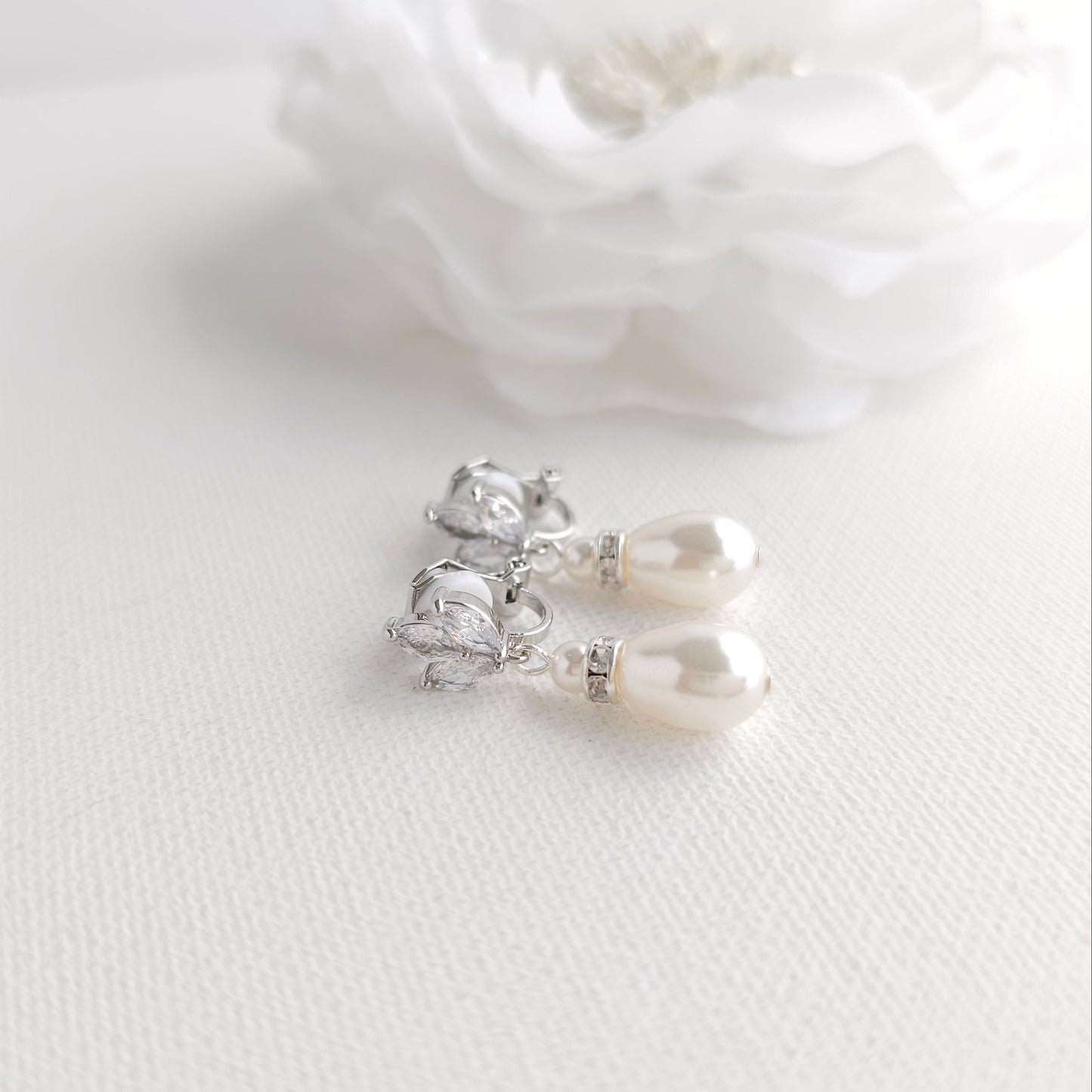 Gold Clip On Pearl Drop Earrings for Brides and Bridesmaids - Katie