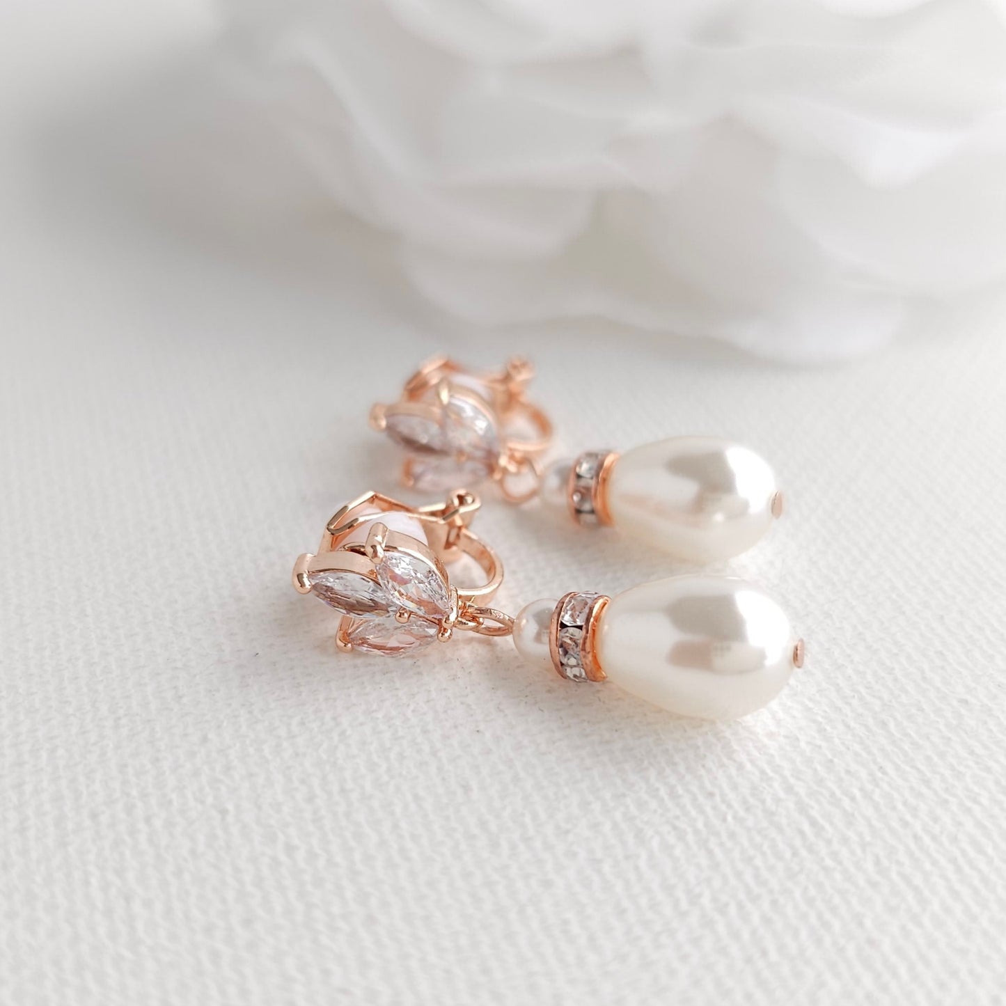 Gold Clip On Pearl Drop Earrings for Brides and Bridesmaids - Katie