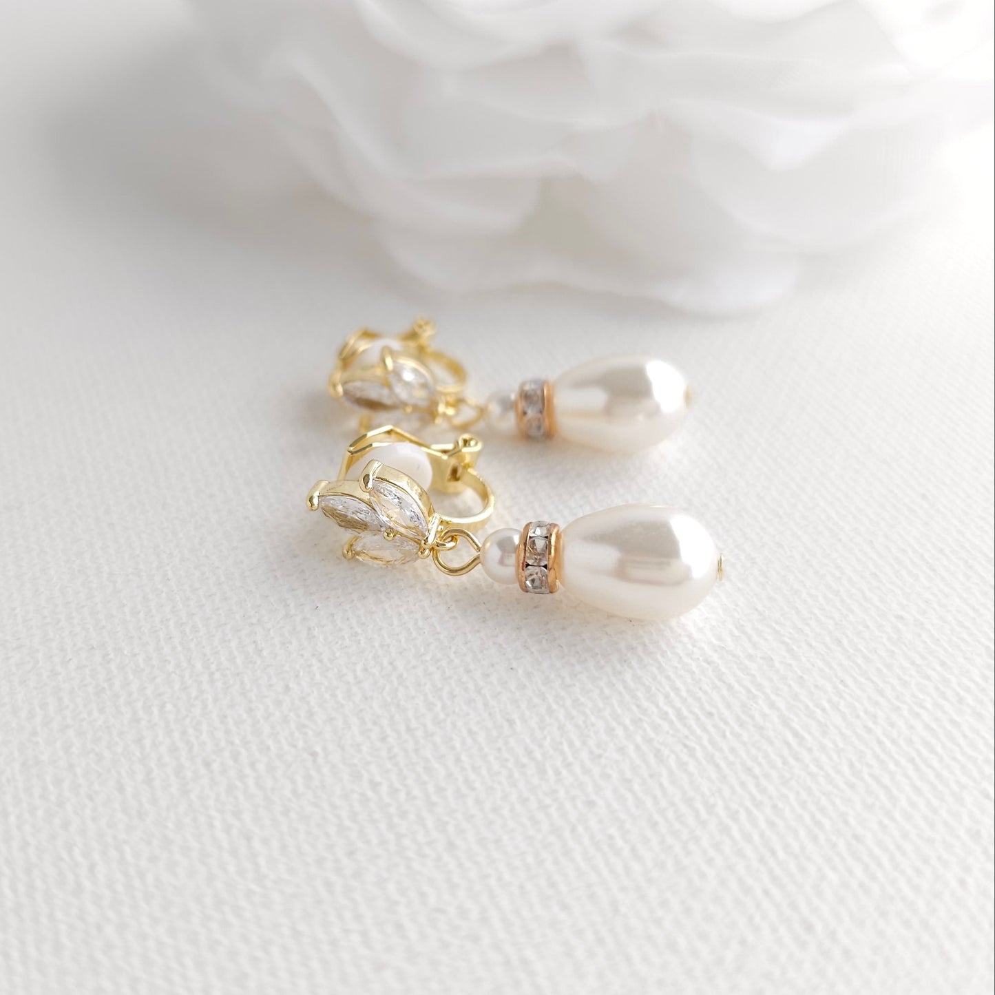 Gold Clip On Pearl Drop Earrings for Brides and Bridesmaids - Katie