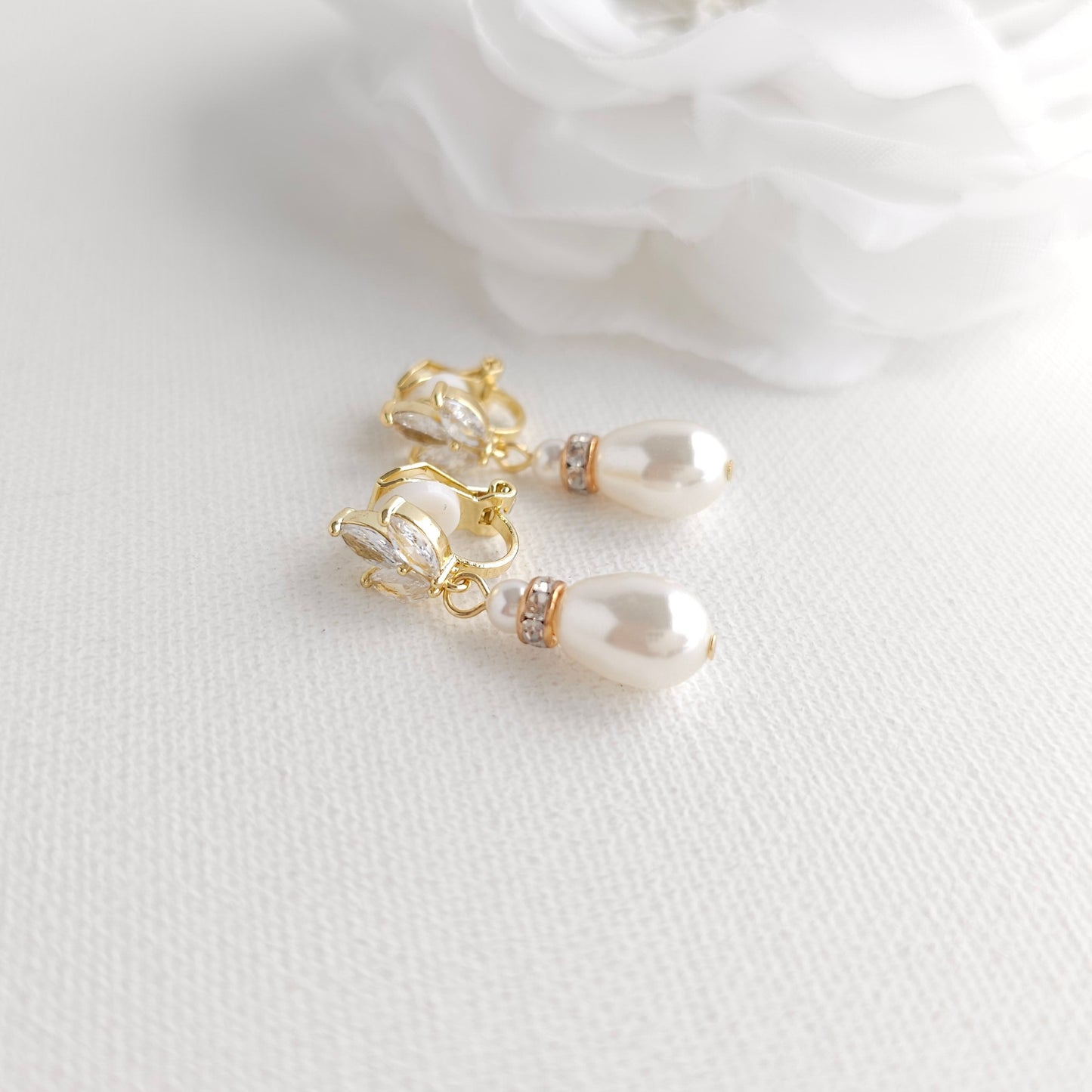 Gold Clip On Pearl Drop Earrings for Brides and Bridesmaids - Katie