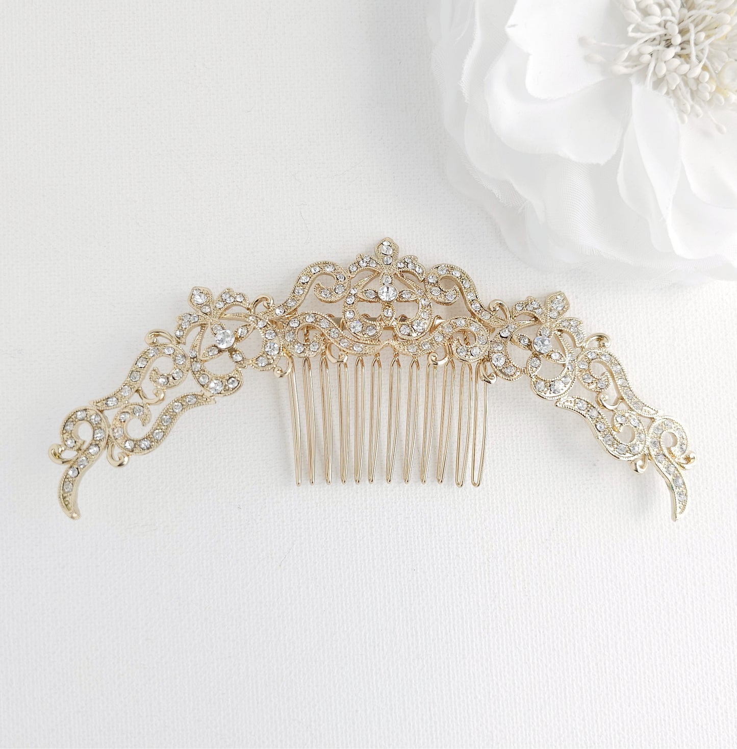 Gold Statement Bridal Hair Comb (5.5 Inch) | Large Crystal Filigree Updo Accessory - Cora