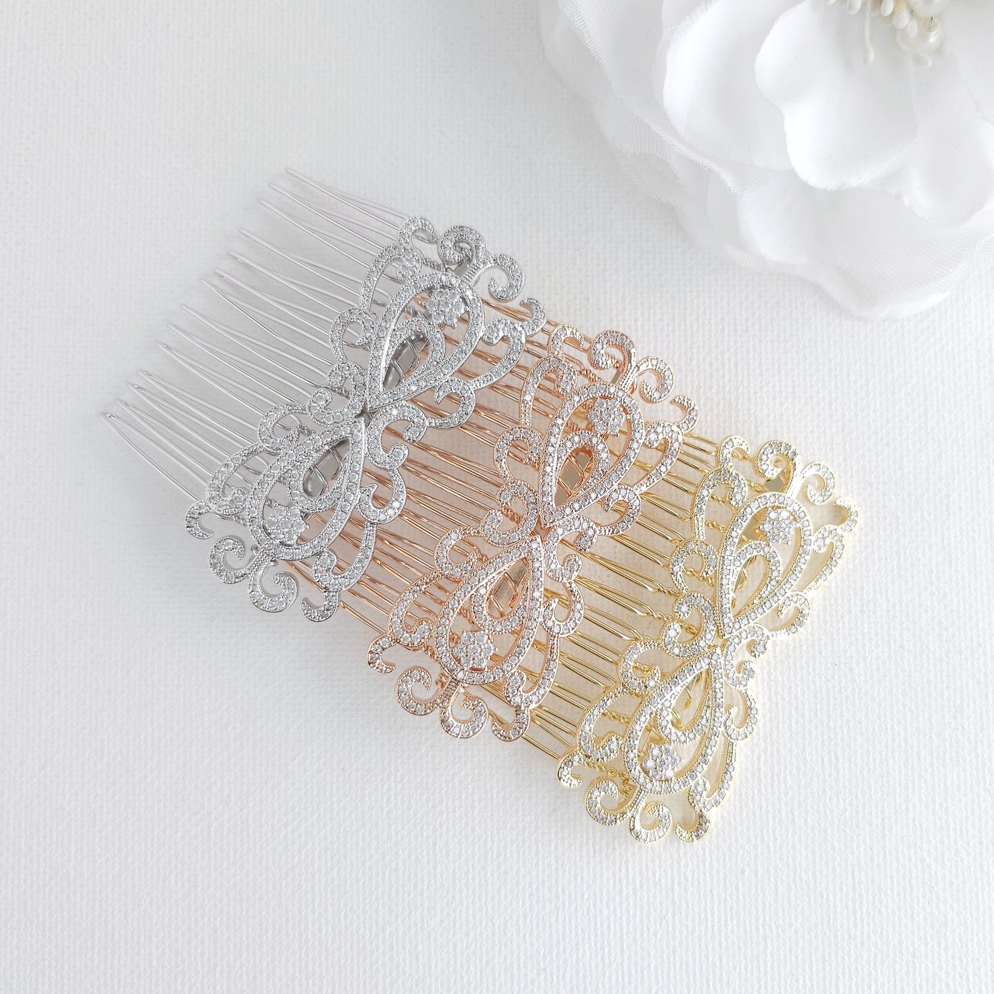 Rose Gold Art Deco Wedding Hair Comb | Small CZ Bridal Veil Comb - Arletty