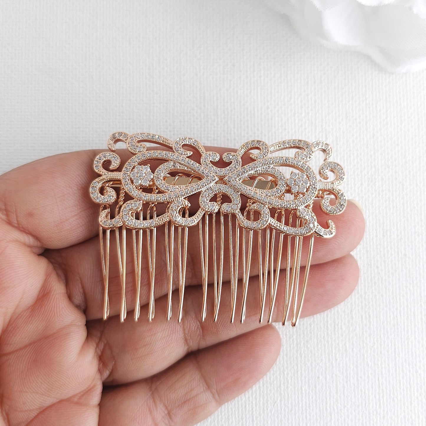 Yellow Gold Art Deco Bridal Hair Comb | Filigree CZ Wedding Veil Comb
