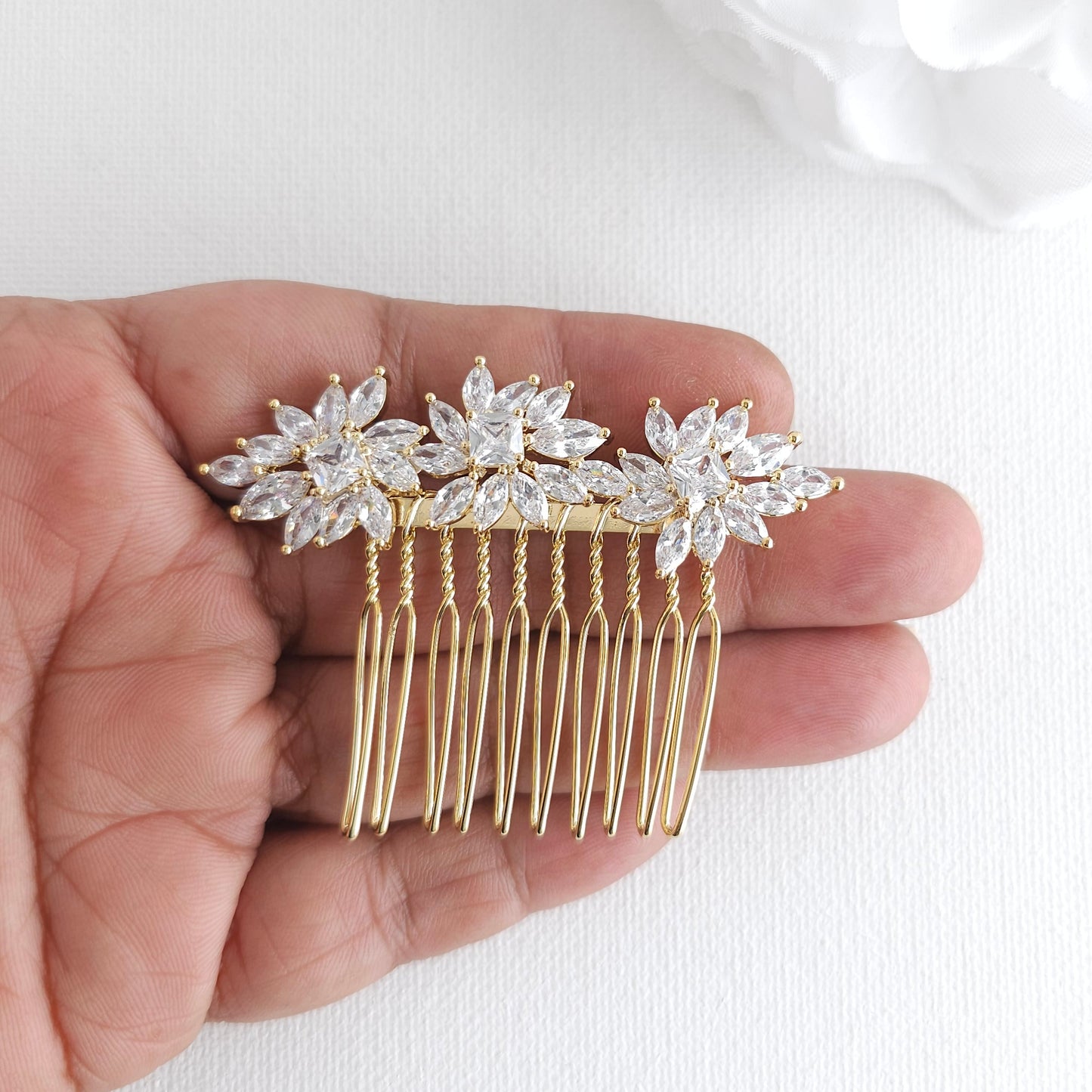 14K Gold Small CZ Wedding Veil Comb | Marquise Leaf Cluster Hair Piece - Bridget