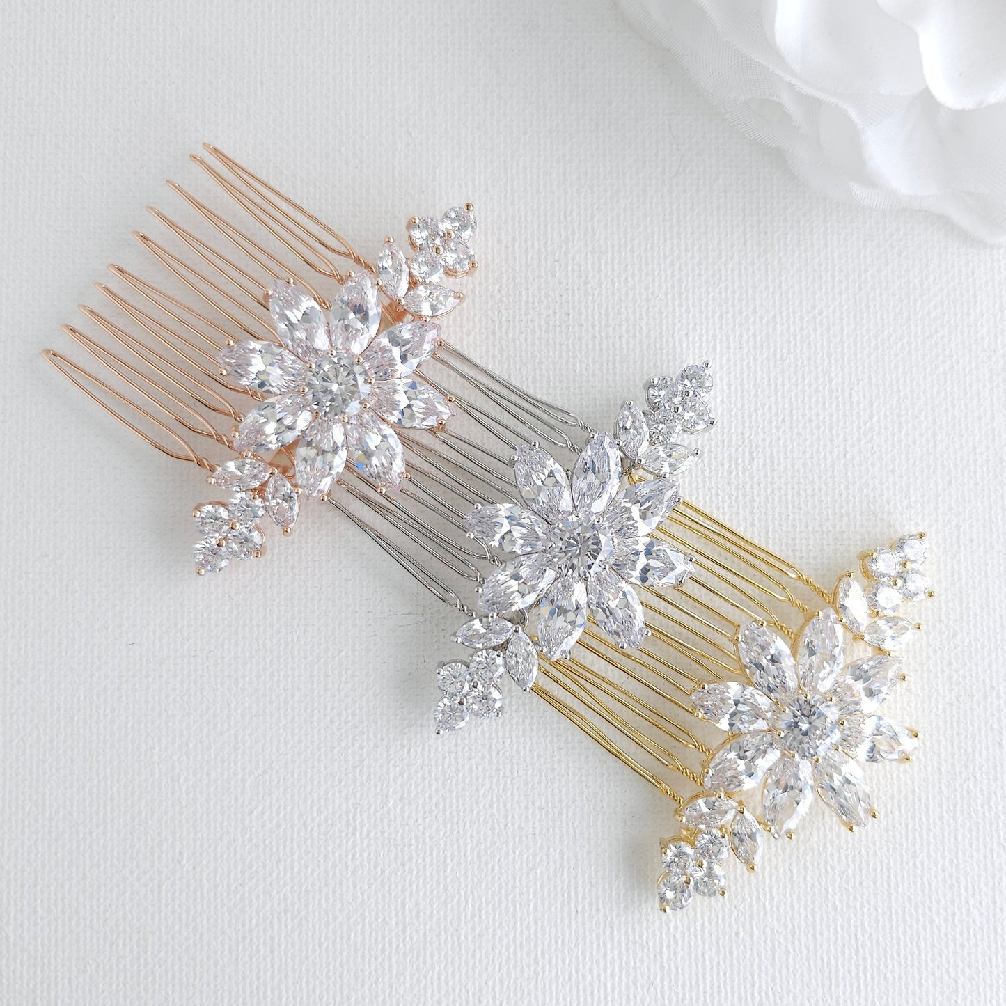 Dainty Rose Gold Wedding Comb | Sparkling Cubic Zirconia Flower Hair Piece for Veil - Daisy