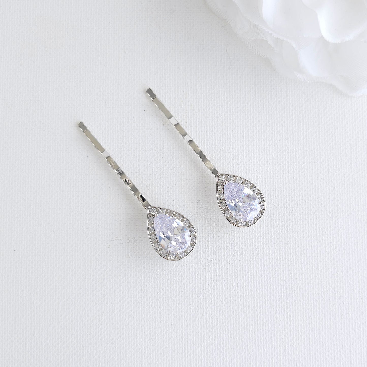 Classic Teardrop CZ Hair Pins | High-Shine Silver Bridal Bobby Pin Set for Simple and Elegant Look- Evelyn