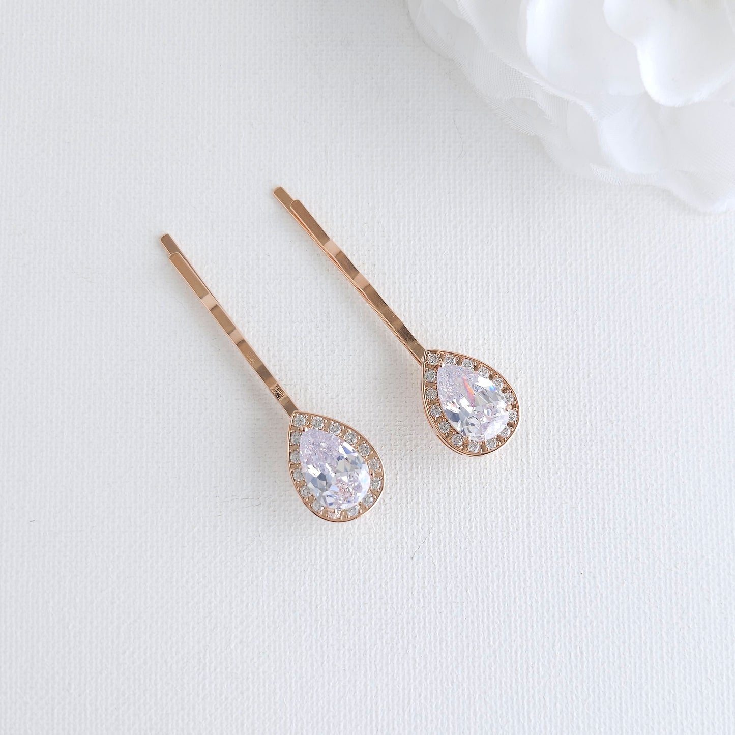 Rose Gold Teardrop CZ Hair Pins Set for Bridesmaids & Flower Girls- Evelyn