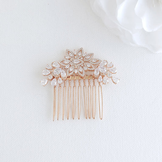 Rose Gold Floral Hair Comb: Small CZ Leaf Design for Modern Brides-Lara