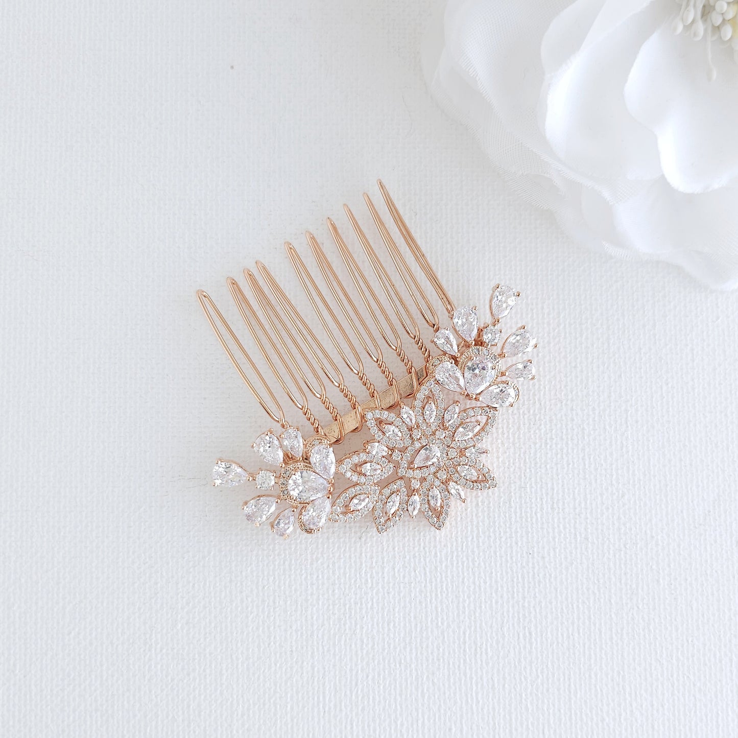 Rose Gold Floral Hair Comb: Small CZ Leaf Design for Modern Brides-Lara
