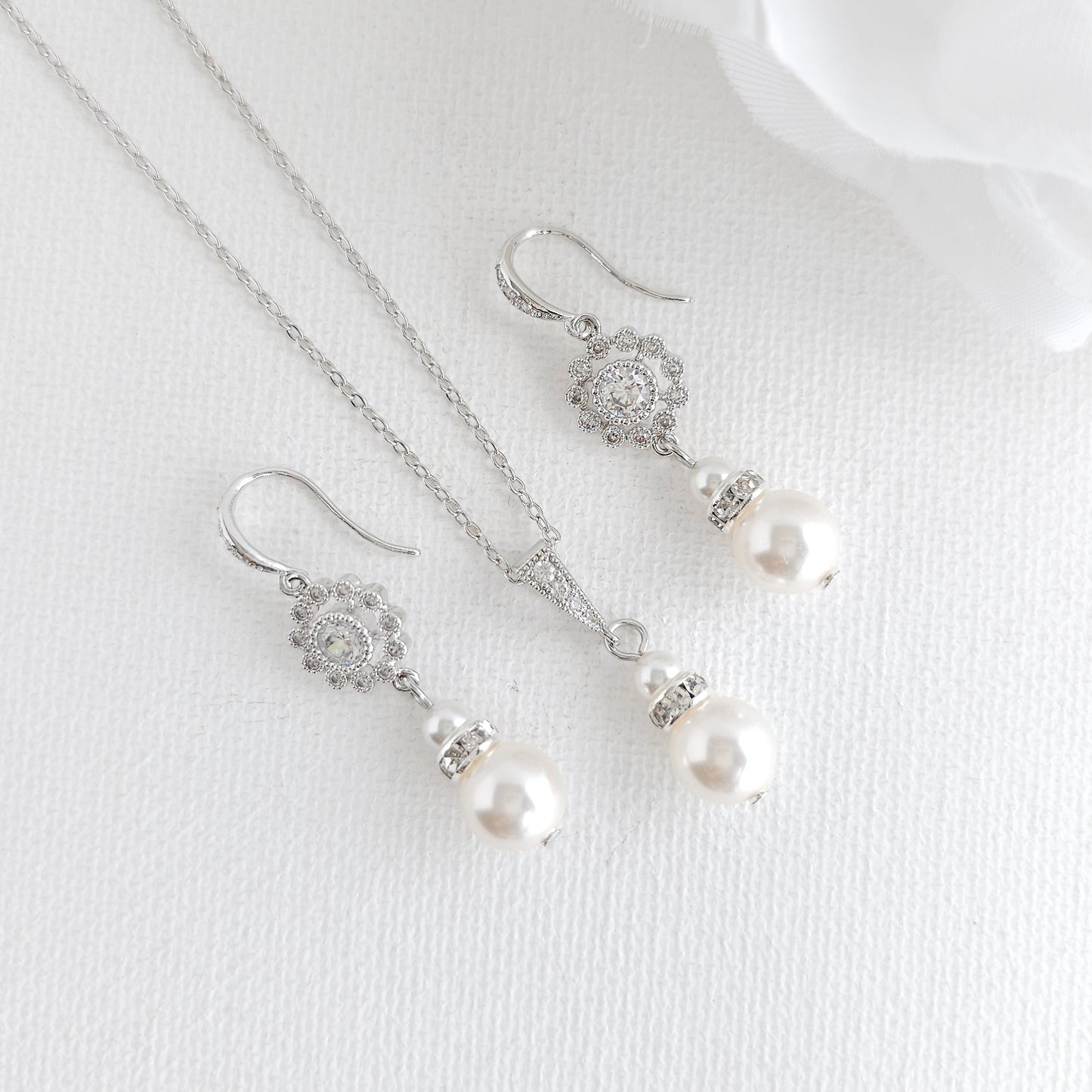 Delicate Pearl Bridal Jewelry Set: Lightweight Dangle Earrings & Necklace for Timeless Style- Hope