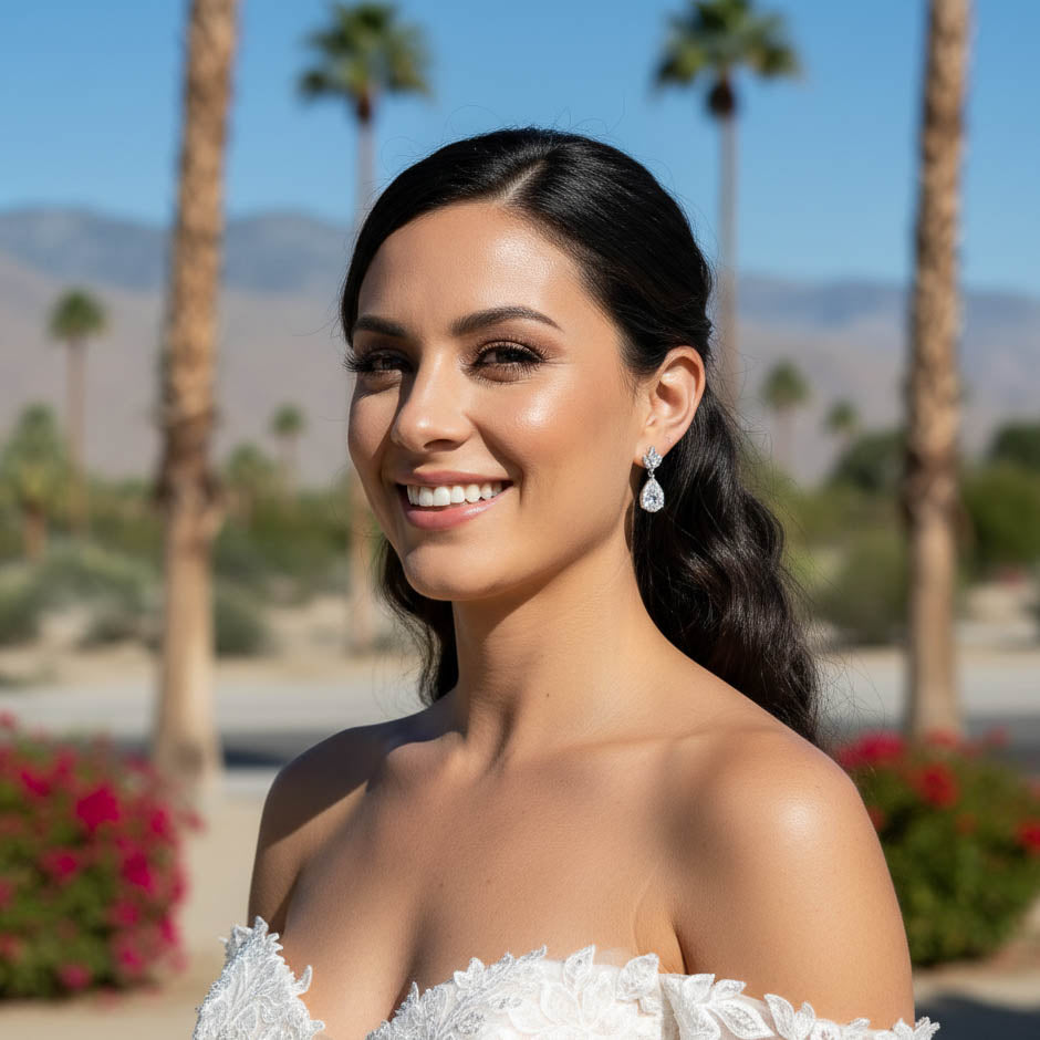 Small Bridal Dangle Drop Earrings with Delicate Leaf Ear-Top and Classic Teardrop for Brides (Silver CZ)– Vera