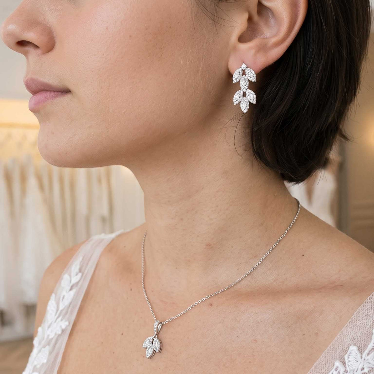 Silver Leaf Stud Earrings with Marquise CZ Crystals – Abby