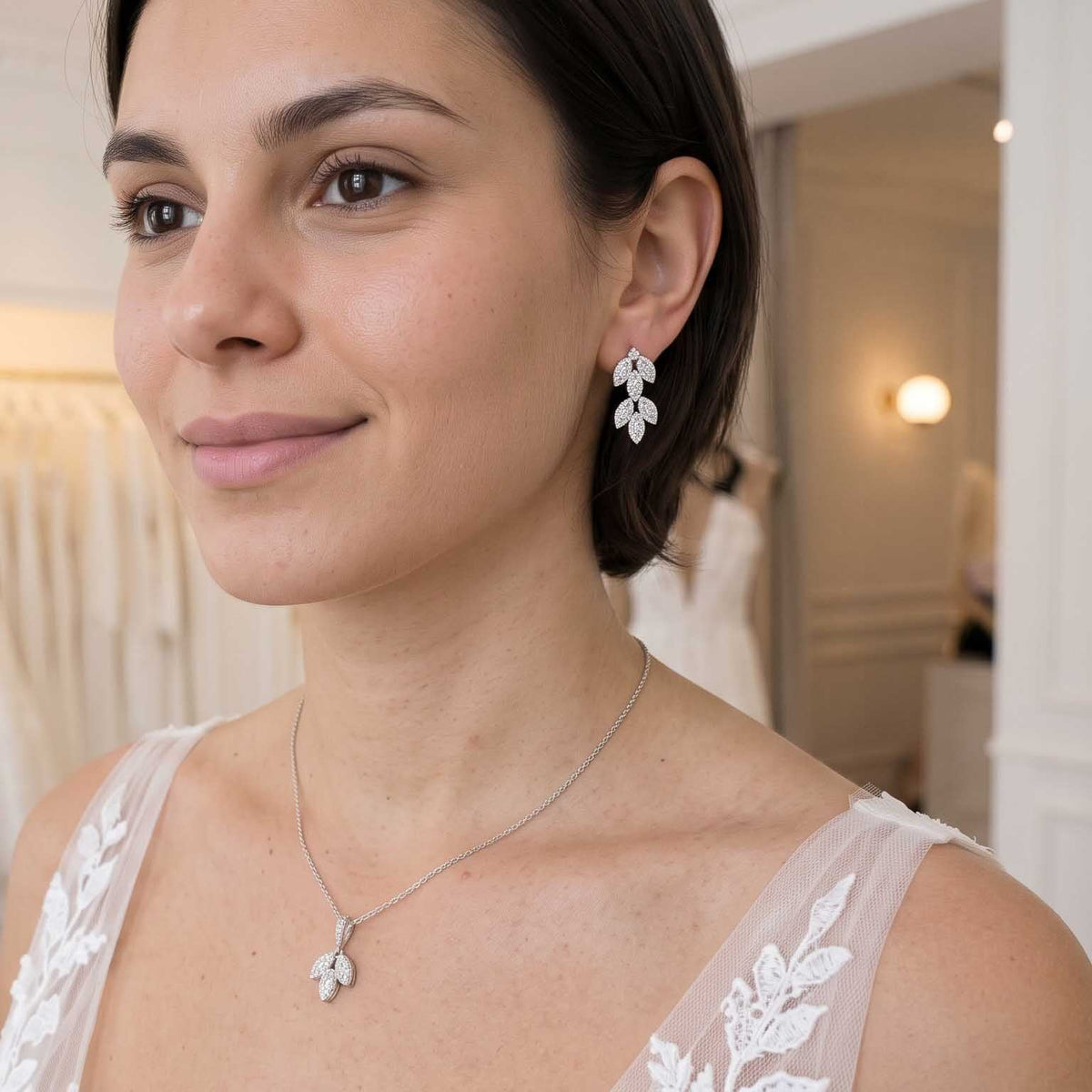 Silver Leaf Stud Earrings with Marquise CZ Crystals – Abby