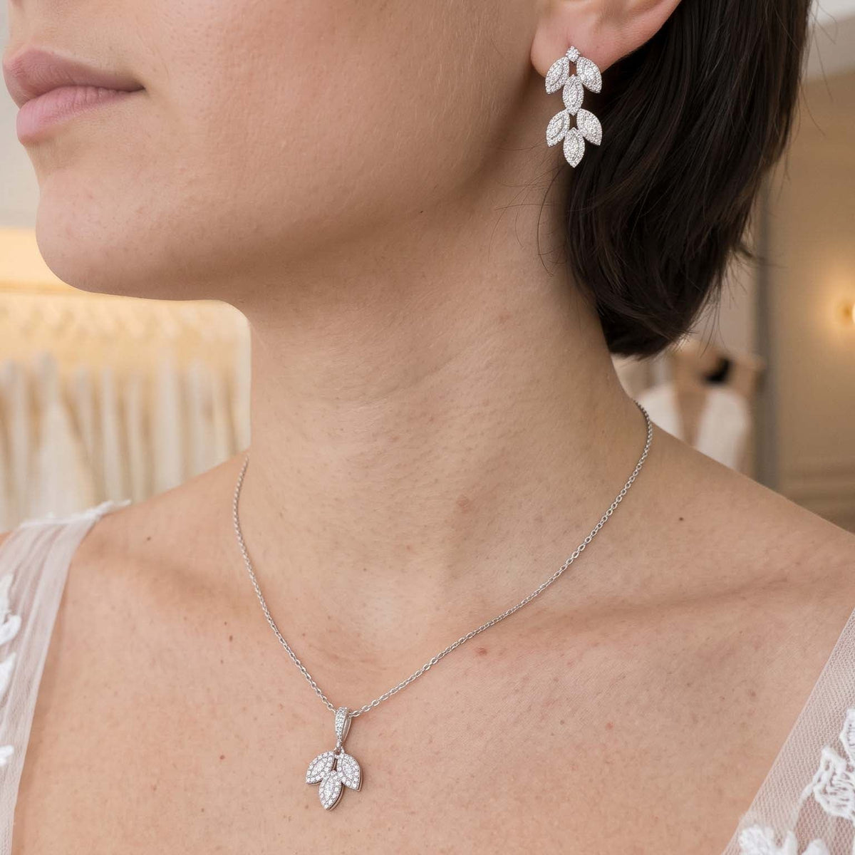 Silver Leaf Stud Earrings with Marquise CZ Crystals – Abby