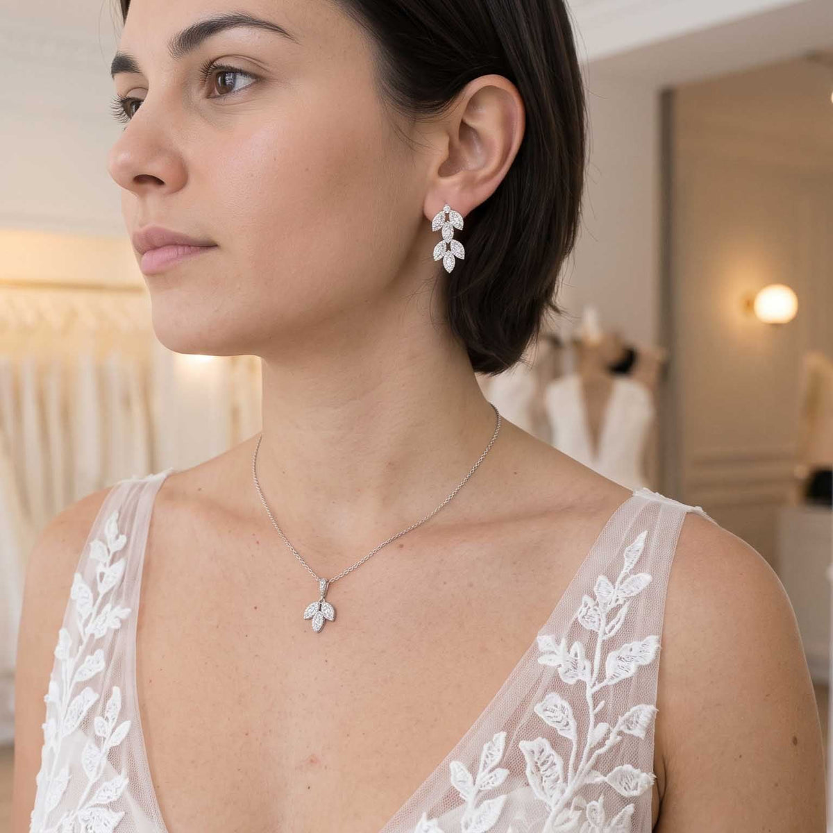 Silver Leaf Stud Earrings with Marquise CZ Crystals – Abby