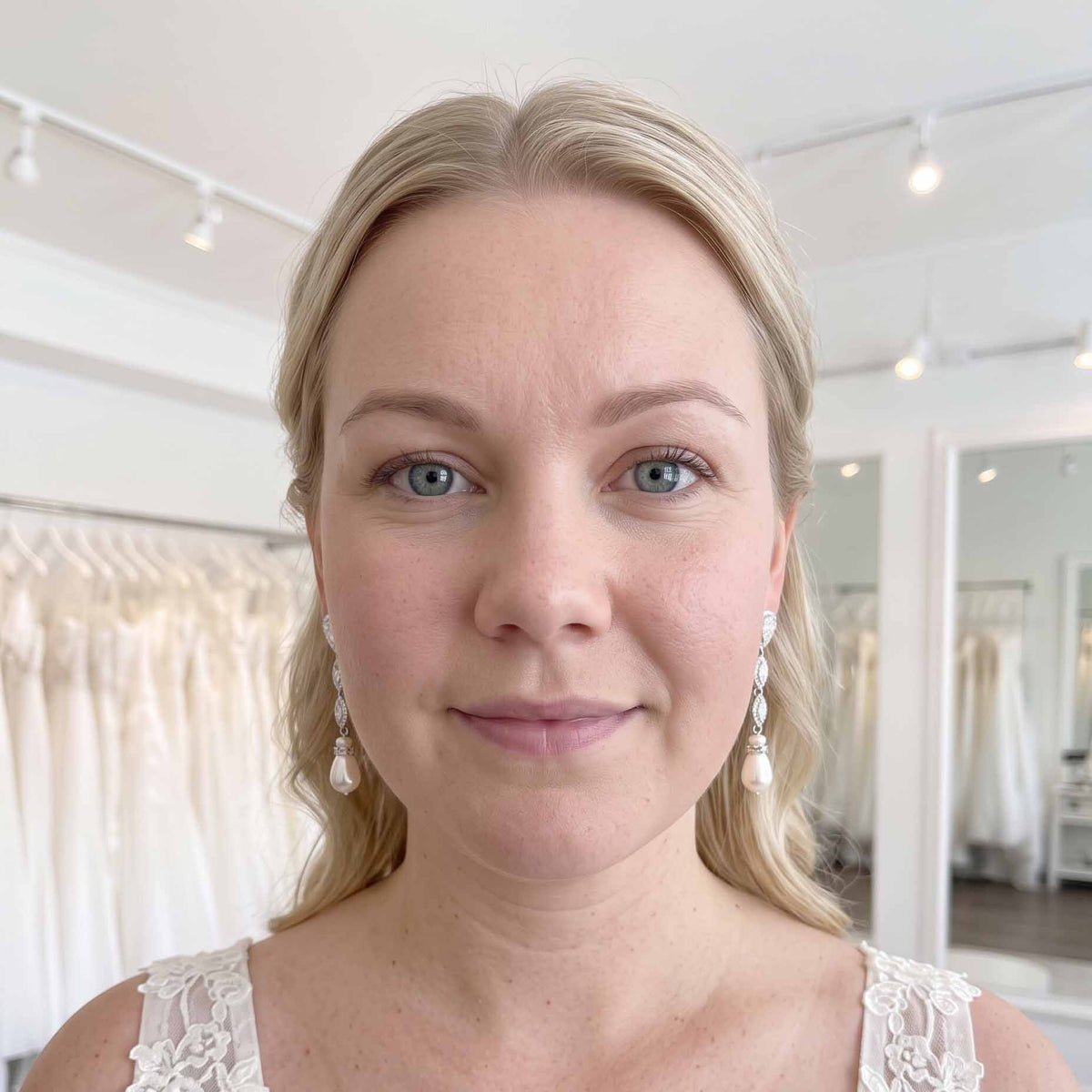 Gold Clip On Bridal Earrings with Pearl Drops For Unpierced Ears - Abby