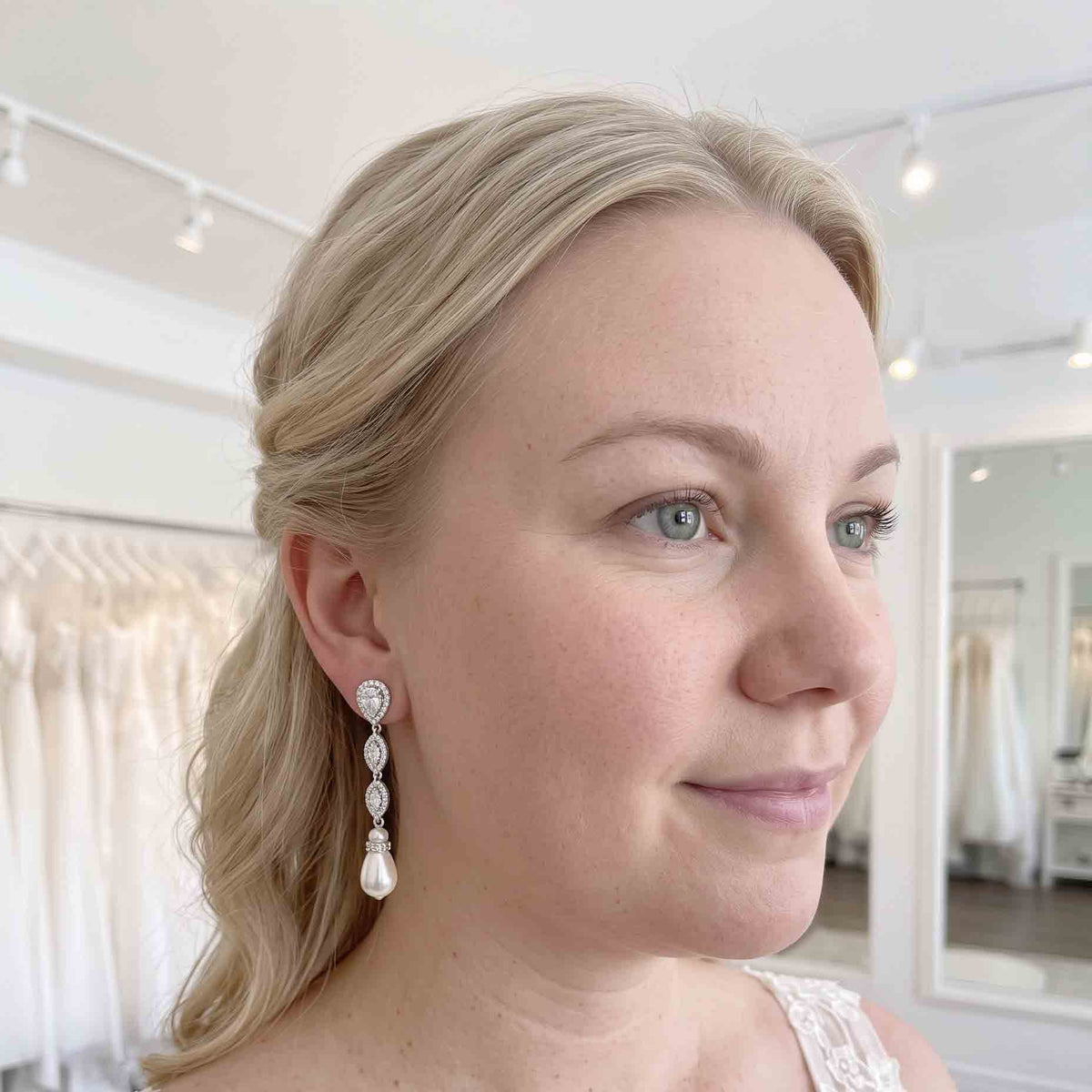 Bridal Pearl Dangle Drop Clip-On Earrings for Non-Pierced Ears - Abby