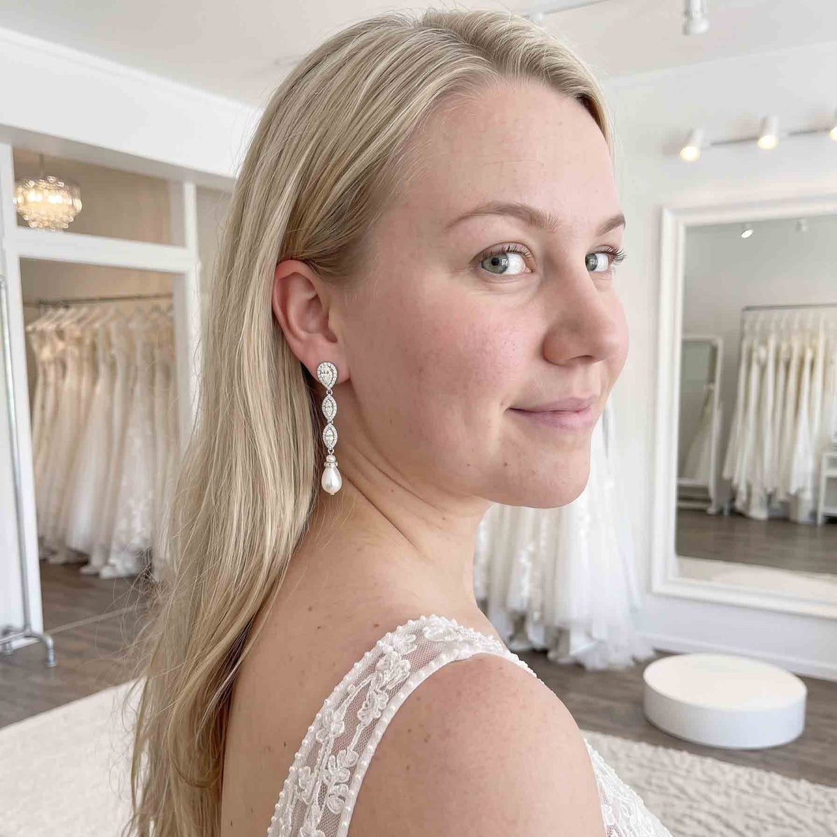 Gold Clip On Bridal Earrings with Pearl Drops For Unpierced Ears - Abby