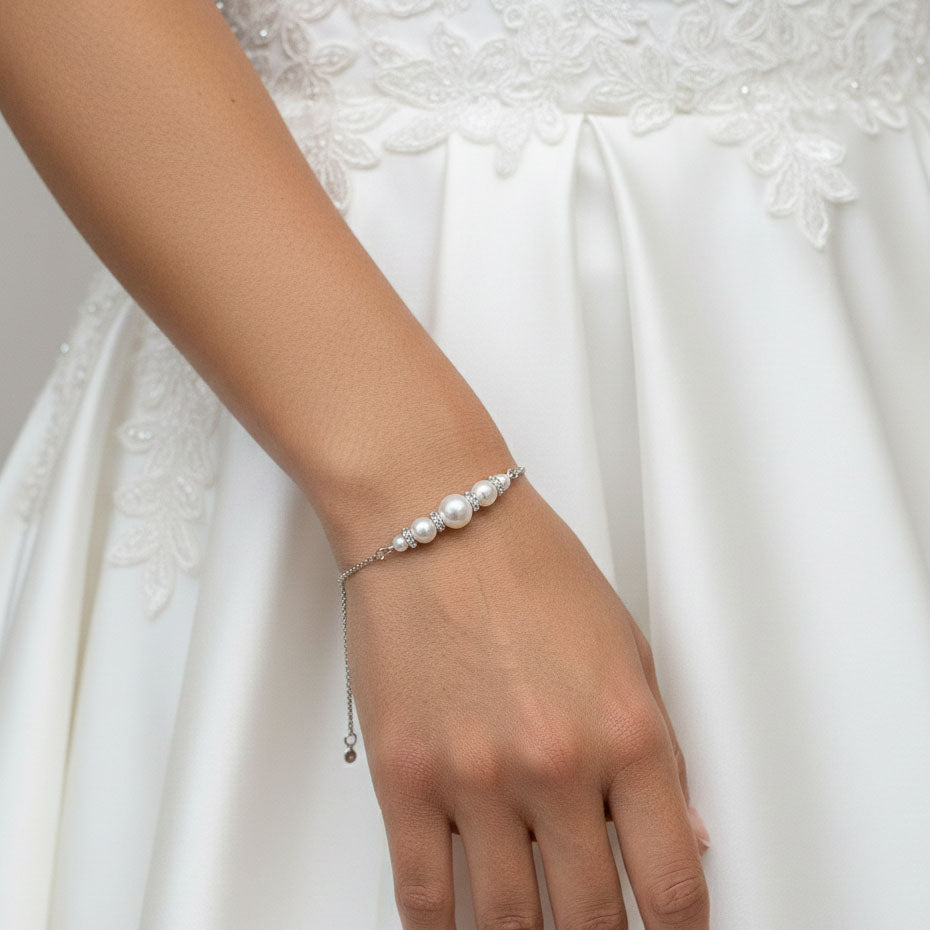Earrings, Necklace Bracelet Set in Pearls for Weddings in Rose Gold-AVA