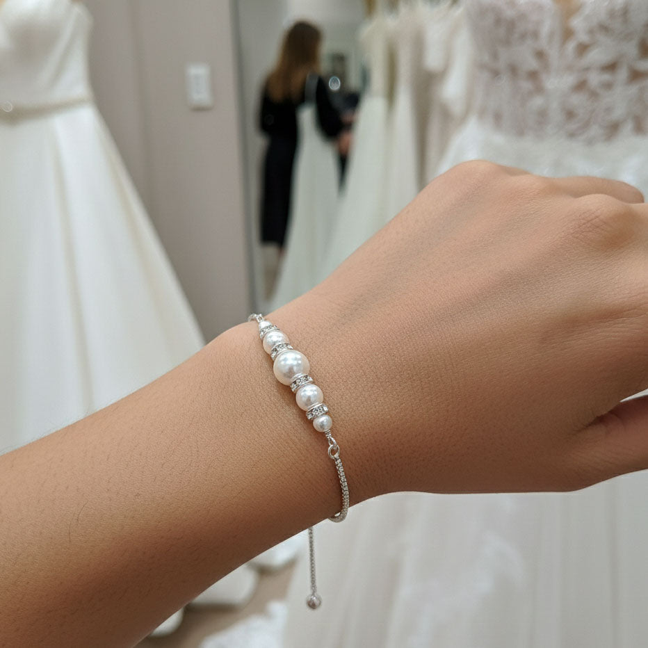 Earrings, Necklace Bracelet Set in Pearls for Weddings in Rose Gold-AVA