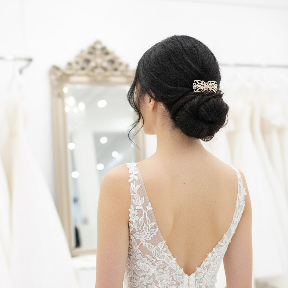 Yellow Gold Art Deco Bridal Hair Comb | Filigree CZ Wedding Veil Comb