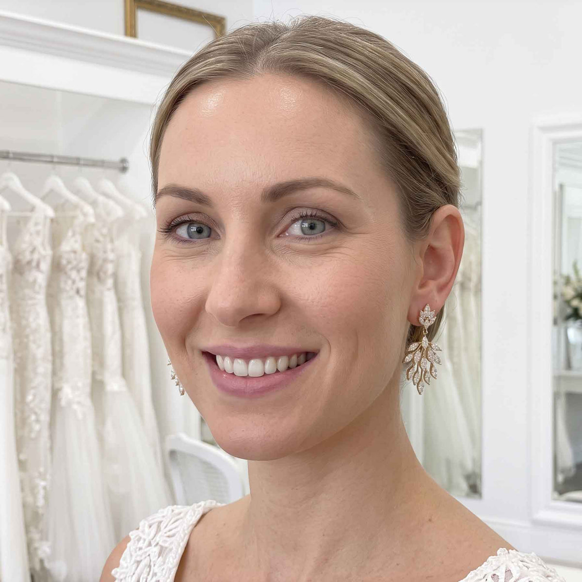 Tiny Leaf Chandelier Earrings in Gold For Brides-Belle