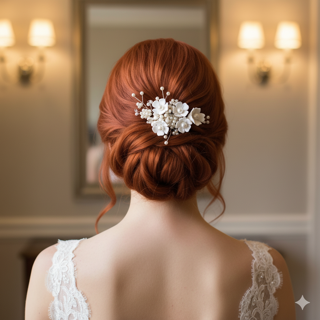 Small Flowers and Pearl Hair Comb in Rose Gold-Betty