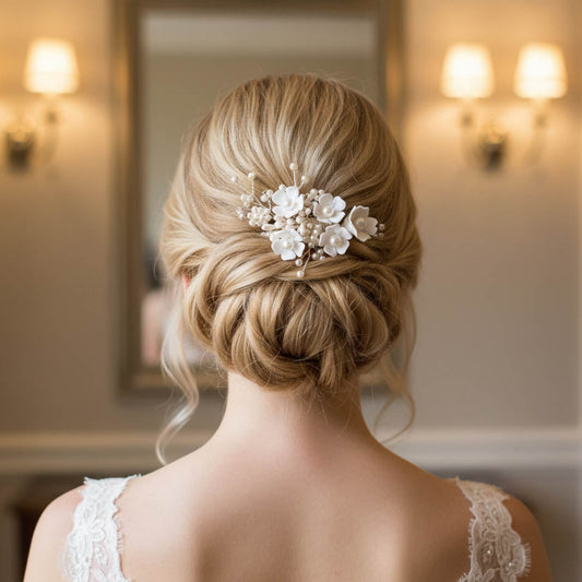 Small Flowers and Pearl Hair Comb in Rose Gold-Betty