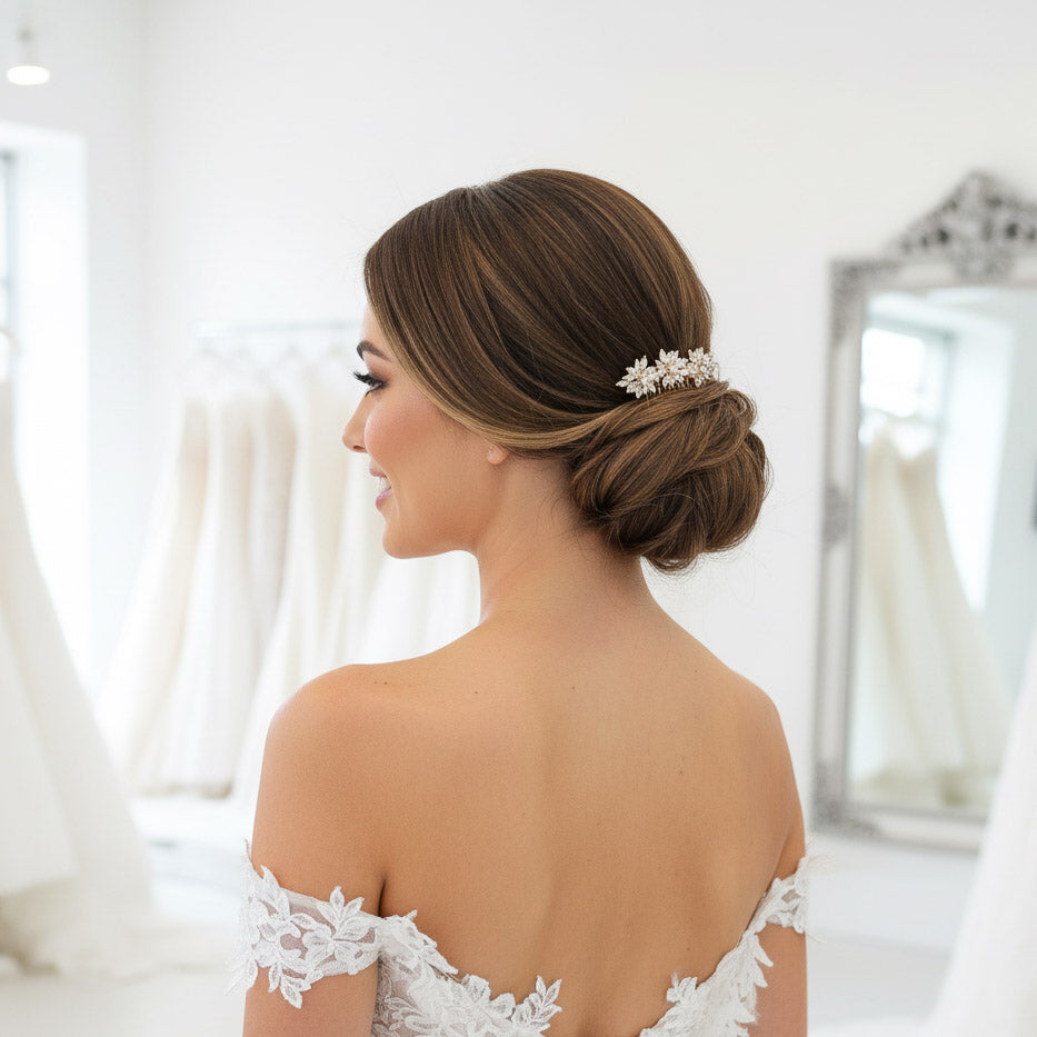 14K Gold Small CZ Wedding Veil Comb | Marquise Leaf Cluster Hair Piece - Bridget