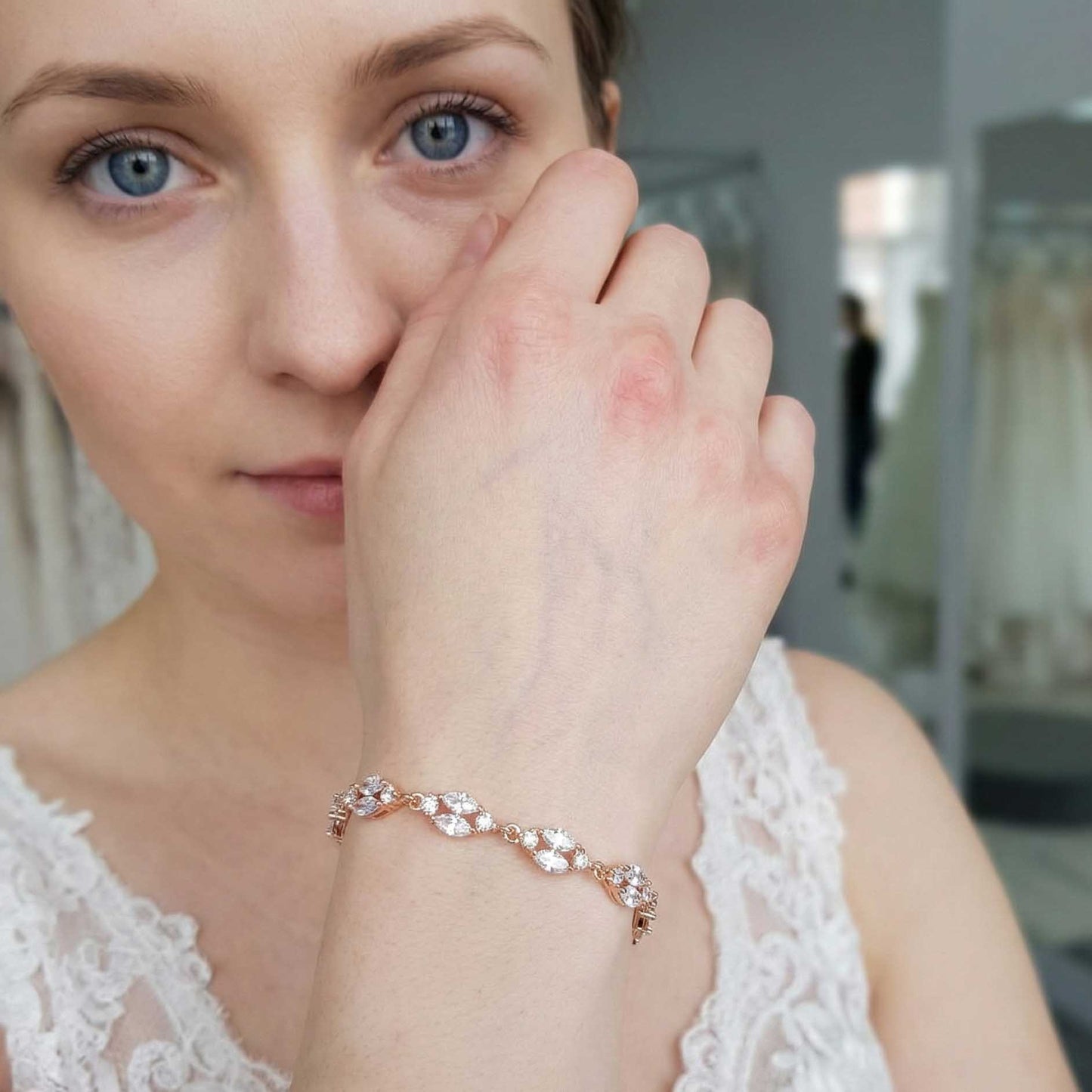 Dainty Rose Gold Crystal Bracelet for Weddings and Brides-Hayley