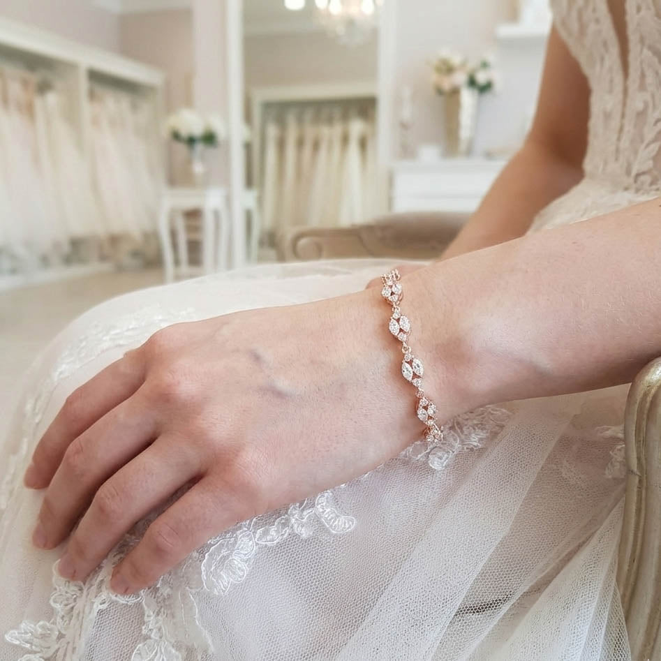 Dainty Rose Gold Crystal Bracelet for Weddings and Brides-Hayley